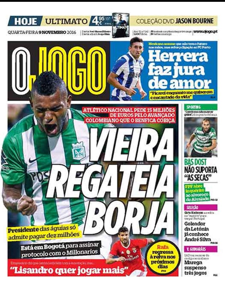 juanchobta77's tweet photo. @velezfutbol diario deportivo de Portugal coloca a borja en el benfica por 15 millones  de euros  @guilloarango https://t.co/IF1vW3VIwG