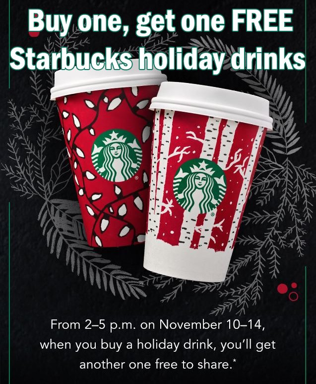 StarbucksMenu's tweet image. Our favorite Starbucks holiday promo is back! Buy one holiday drink and get one FREE 2-5pm, Nov 10-14! Details: starbuckssecretmenu.net/starbucks-buy-…