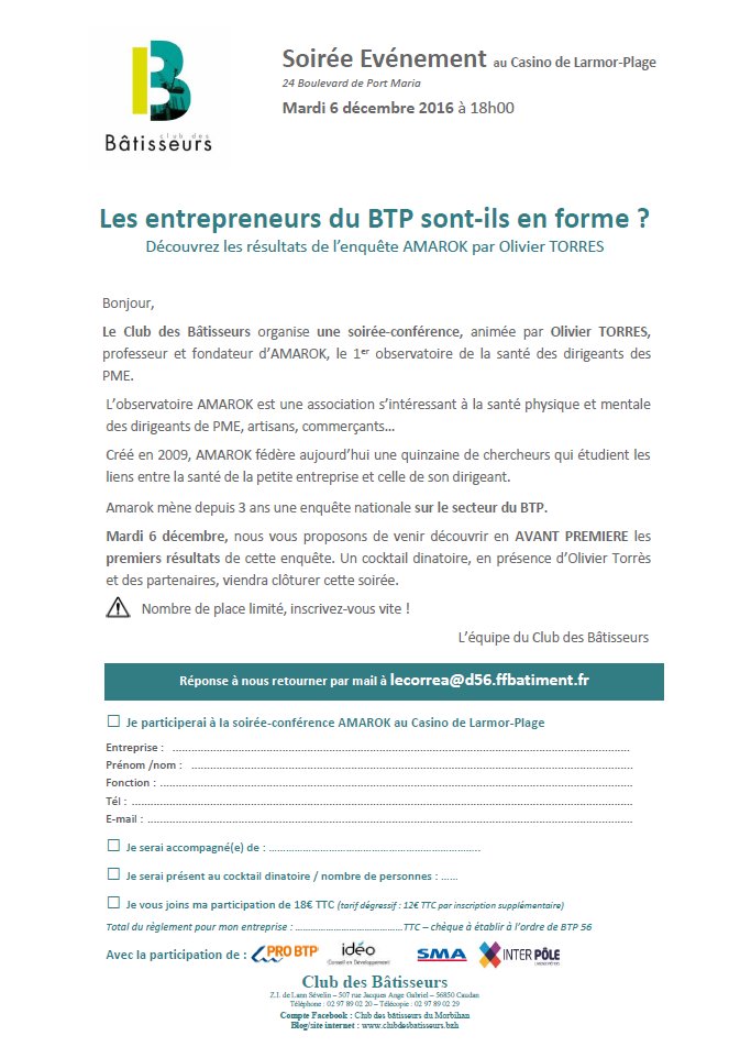 Les #entrepreneurs du #BTP sont-ils en forme ? Réponse le 6 décembre avec #clubbatisseurs et obs Amarok #Morbihan #santédirigeant #PME