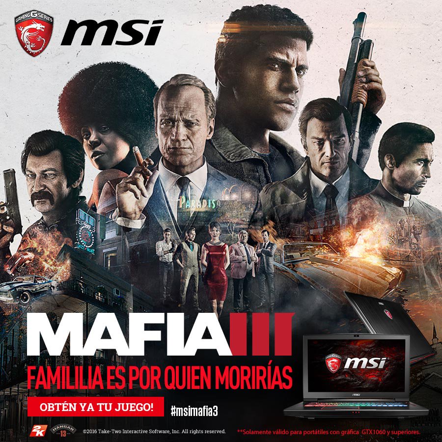 MSI_ES's tweet photo. ¡GRATIS obtén el juego MAFIA III por la compra de uno de los portátiles Gaming MSI seleccionados!
+ info: https: //goo.gl/AglaHF
#msimafia3 https://t.co/gEIRaYDVA7
