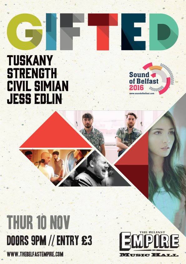 Brilliant local show tonight, part of <a href="/SoundOfBelfast/">Sound Of Belfast</a> 2016 -  <a href="/tuskanyofficial/">Tuskany</a> <a href="/civilsimian/">Civil Simian</a> <a href="/JessEdlin/">Jessica</a> <a href="/strengthband/">Aria Galilei</a> 
Only £3 admission