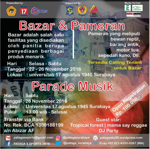Calling Tenant Bazar dan Pameran PATAGA X-Sport 2K16 | 22 – 26 November 2016 @ UNTAG Surabaya | Info: 082143305097