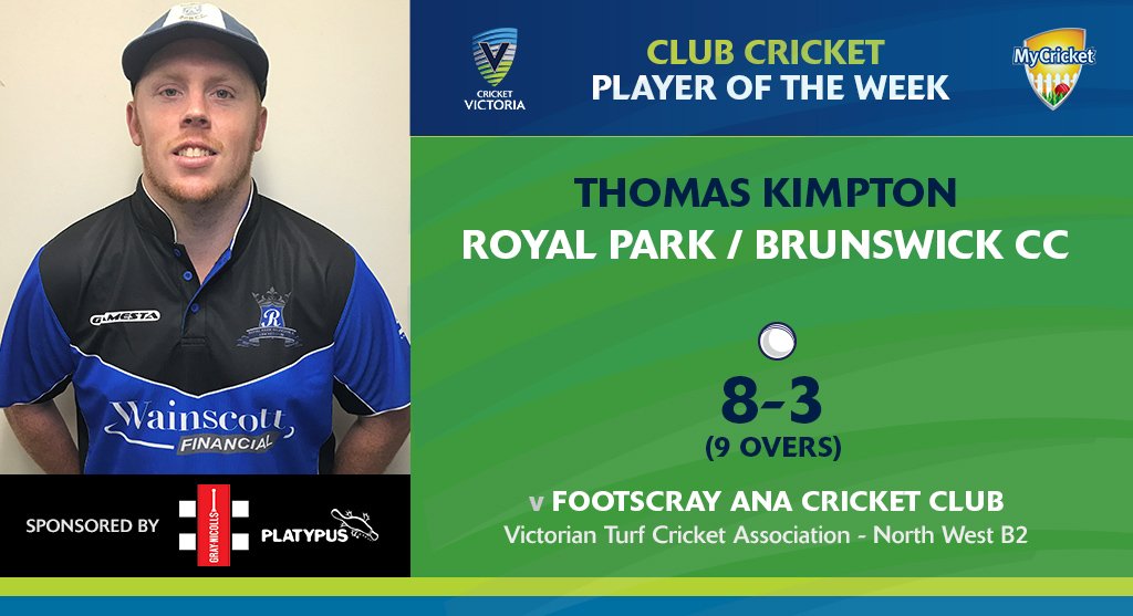 Cricket Victoria (@cricketvictoria) on Twitter photo 8-3 (9.0) with the ball - what a performance from <a href="/rpbcc/">Royal Park Brunswick CC</a>'s Thomas Kimpton! He picks up VIC Club Cricketer of the Week #WellPlayed 8-3 (9.0) with the ball - what a performance from <a href="/rpbcc/">Royal Park Brunswick CC</a>'s Thomas Kimpton! He picks up VIC Club Cricketer of the Week #WellPlayed