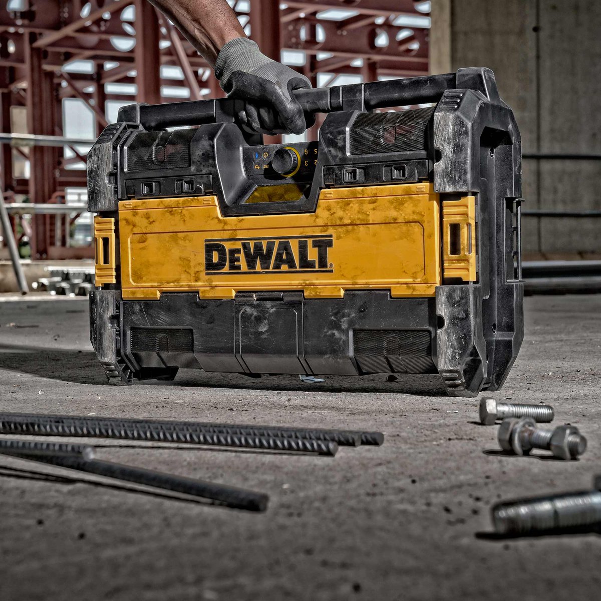 The DEWALT ToughSystem Music. IP54 rated. XR radio charger. Six speakers &amp; Bluetooth connectivity.