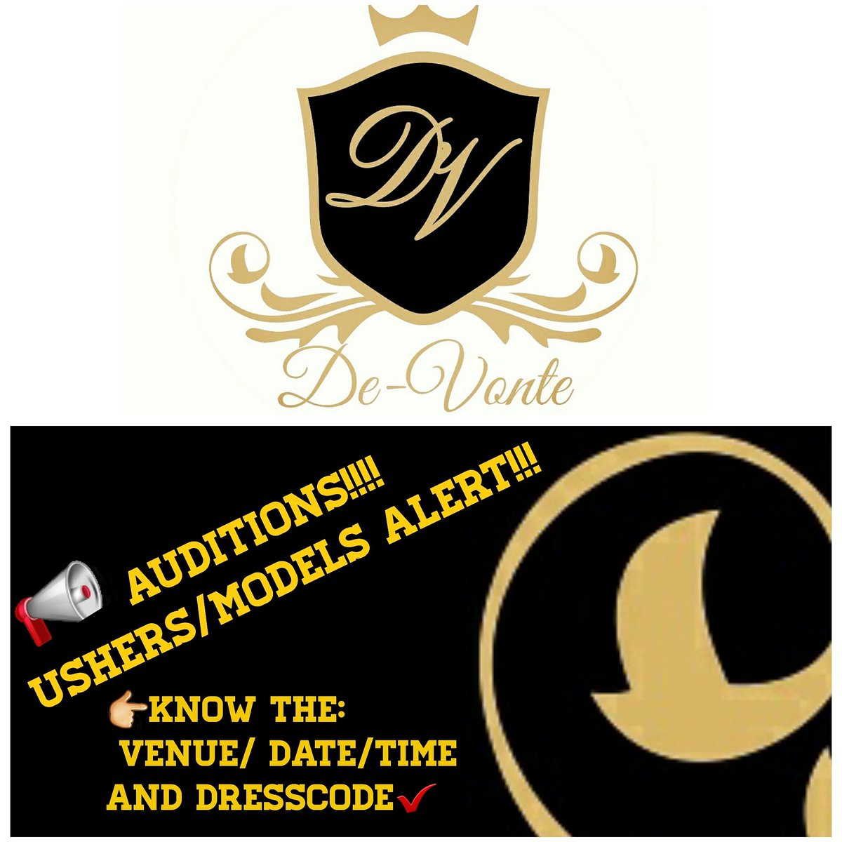 Devvonte's tweet image. AUDITIONS!!!!!
USHERS/MODELS ALERTS!!!
DATE :SAT. 12TH NOV. 2016. TIME :2PM VENUE :EQUINOX LOUNGE &amp;amp;BAR, 63 ABACHA LANE, NEW GRA PHASE 3. PH