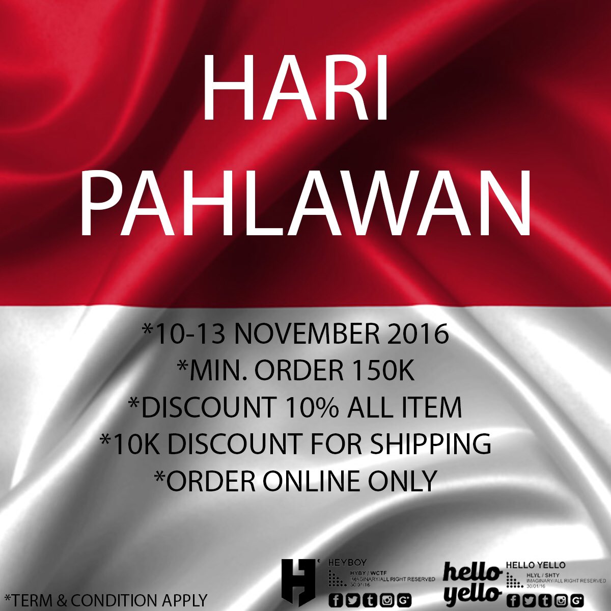 hbbdg14's tweet photo. Salam kemerdekaan!
Dalam memperingati Hari Pahlawan Nasional 10-13 November 2016 @hbbdg14 dan @helloyello19 kasih kalian semua diskon 10% https://t.co/6xz734RZz8