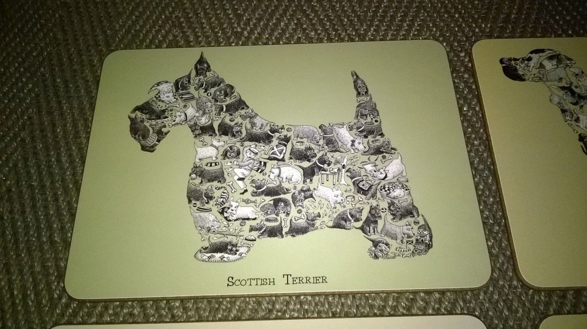 _M_and_L_'s tweet photo. Dachshund, pug, greyhound, Labrador Retriever, Scottish Terrier and Cocker Spaniel. Fabulous #dog table mats to have by the superb @Lou_Tate https://t.co/jm551iMtt6