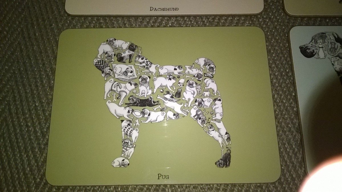 _M_and_L_'s tweet photo. Dachshund, pug, greyhound, Labrador Retriever, Scottish Terrier and Cocker Spaniel. Fabulous #dog table mats to have by the superb @Lou_Tate https://t.co/jm551iMtt6