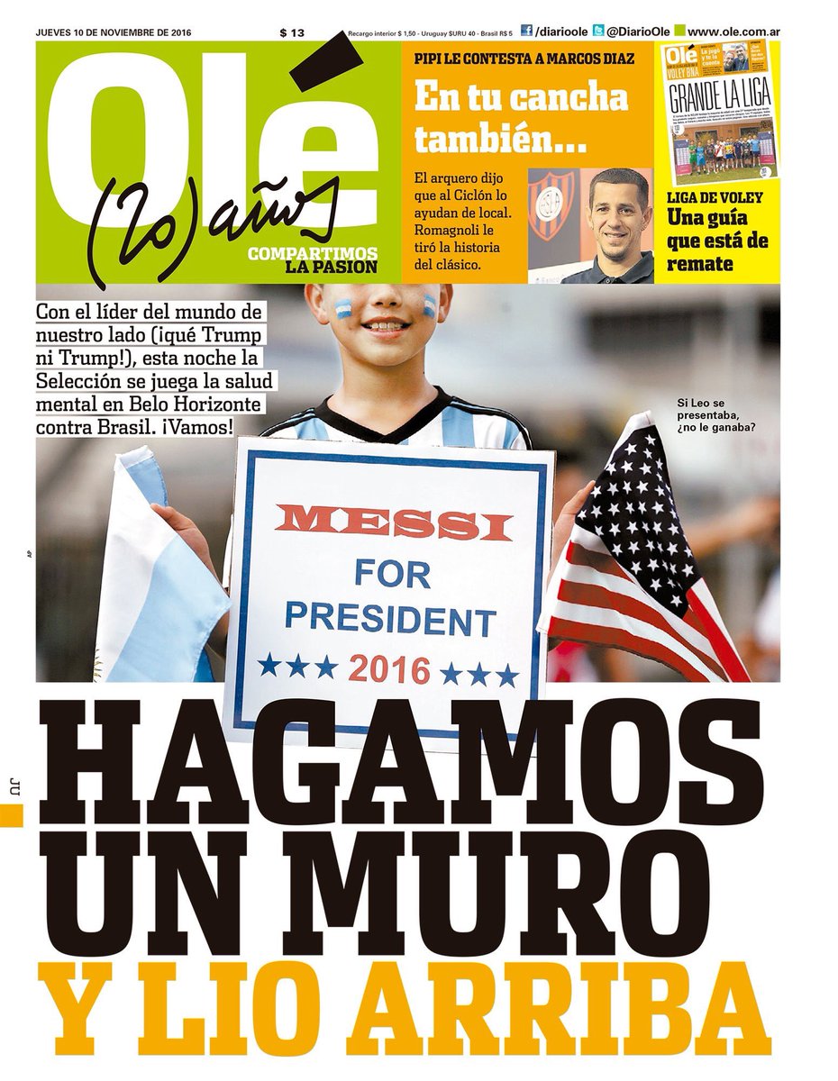 fjbautista's tweet photo. Primero están los de @DiarioOle y luego el resto con mucha ventaja. Tremenda portada antes del Brasil-Argentina de esta noche ⚽️🙌🏽 https://t.co/P8Ec5ZMVy8