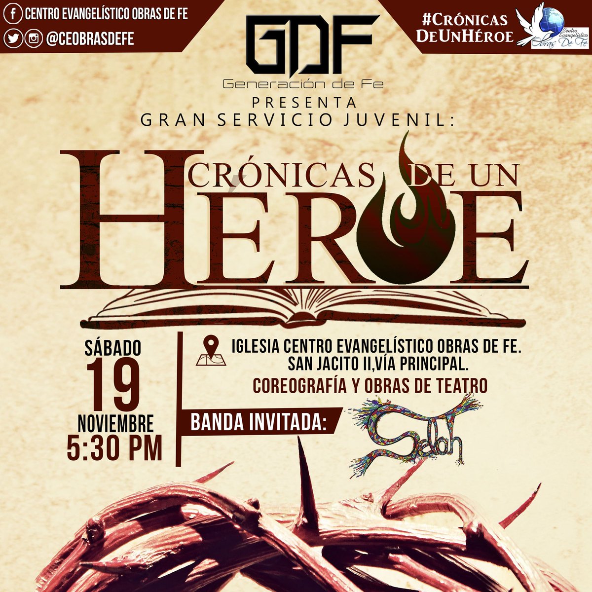 Te invitamos a nuestro Gran Servicio Juvenil #CrónicasDeUnHéroe.
Este 19 de noviembre, a las 5:30pm.
Te esperamos.