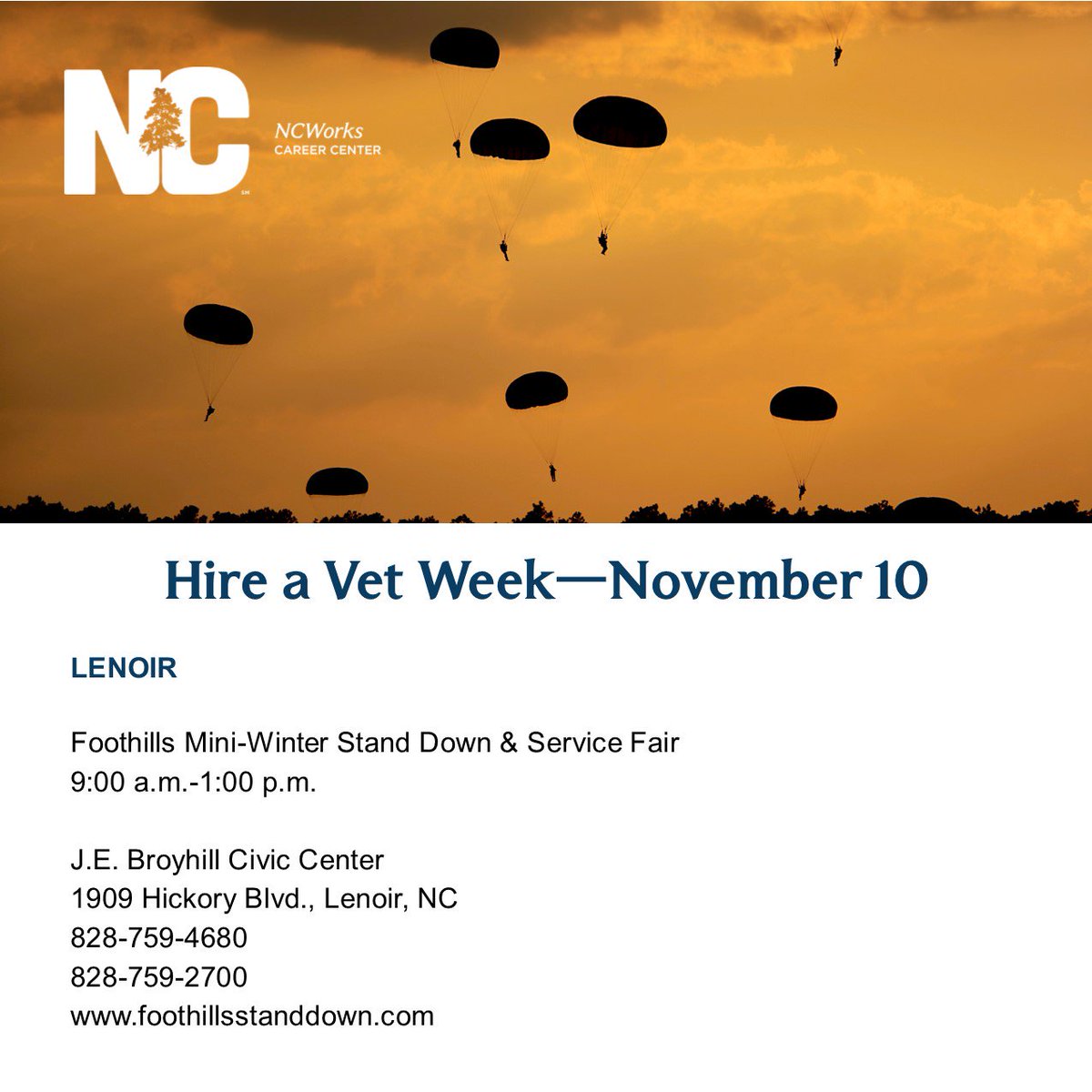 ncworkforce's tweet photo. Good morning! We've got an event coming up in Lenoir this morning for veterans looking for jobs! #HireAVetWeek https://t.co/sopkZ7nTgw