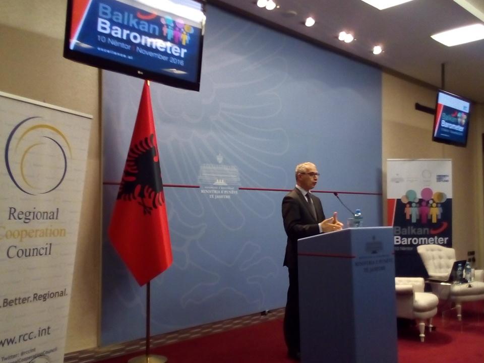 Minister Bushati &amp; Mr.Svilanovic opening the presentation of " Balkan Barometer 2016" @AlbanianMFA with <a href="/rccint/">RCC</a>