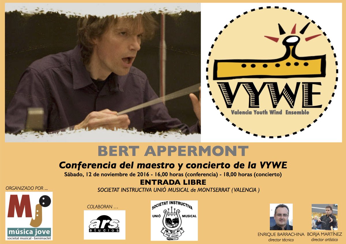 SMJBenimaclet's tweet photo. Este viernes masterclass de Bert Appermont. El sábado conferencia y concierto en la SIUM Montserrat de Valencia #BertAppermont #VYWE @FSMCV https://t.co/pLFAb5ONpT