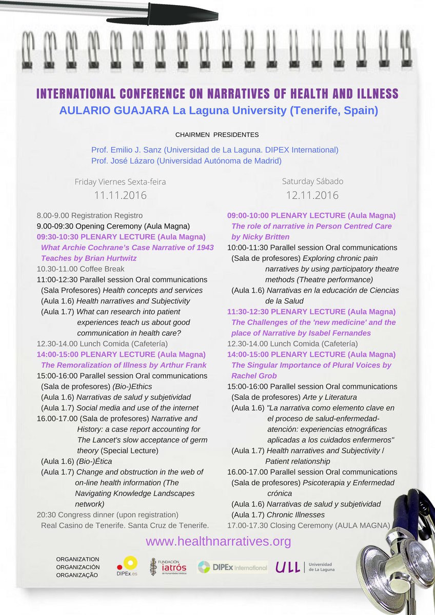 navarrotradmed's tweet image. Mañana, en Tenerife 🇪🇸:

International Conference on Narratives of Health and Illness

cc @DIPExIntl @canalul @NarratHealth16