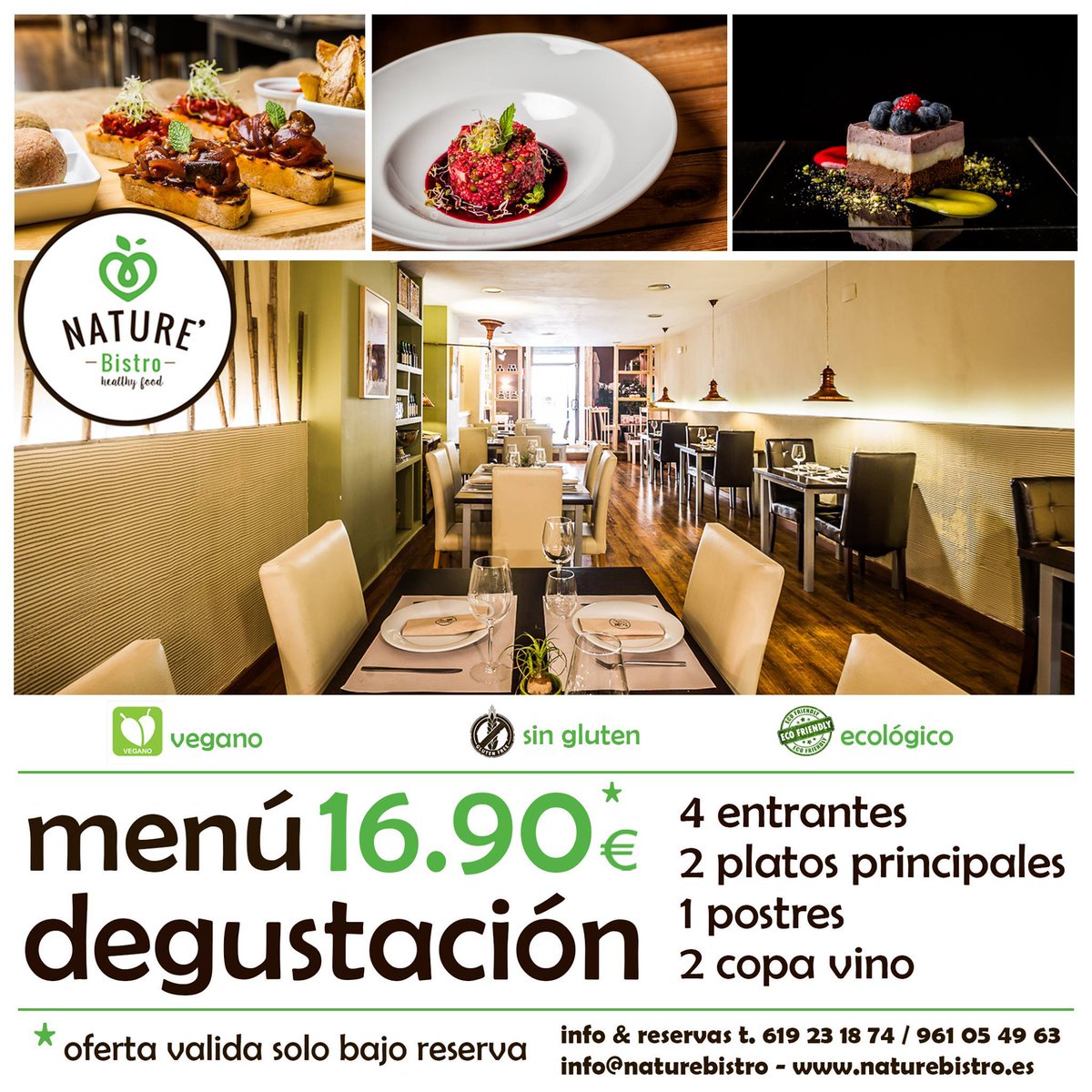 NatureBistro's tweet photo. PARA CENAR HOY JUEVES, VIERNES y SABADO!!!!
IMPORTANTE! solo bajo reservas!
Info@naturebistro.es - t. 619 23 1874 - 961 05 49 63 https://t.co/TiolB7vj2M