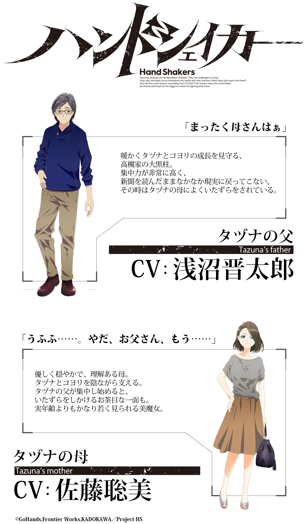 アニメ ハンドシェイカー 公式 Twitter पर 再掲 新キャラクターの紹介 ムスブ タヅナの父 タヅナの母 トモキ 配役を発表します ムスブ 雨宮 天 タヅナの父 浅沼晋太郎 タヅナの母 佐藤聡美 トモキ 小林裕介 神の声 浪川大輔 キャラクターページ