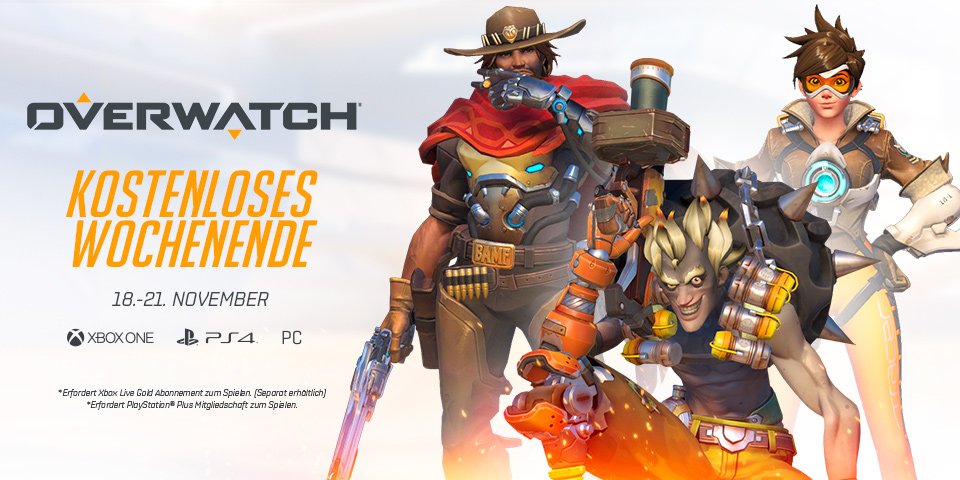 OverwatchDE's tweet photo. Helden GESUCHT! Spielt Overwatch kostenlos, vom 18. – 21. November auf PC, PlayStation 4, und Xbox One: https://t.co/PJ2lN60UIE https://t.co/CrzzHXQEgw
