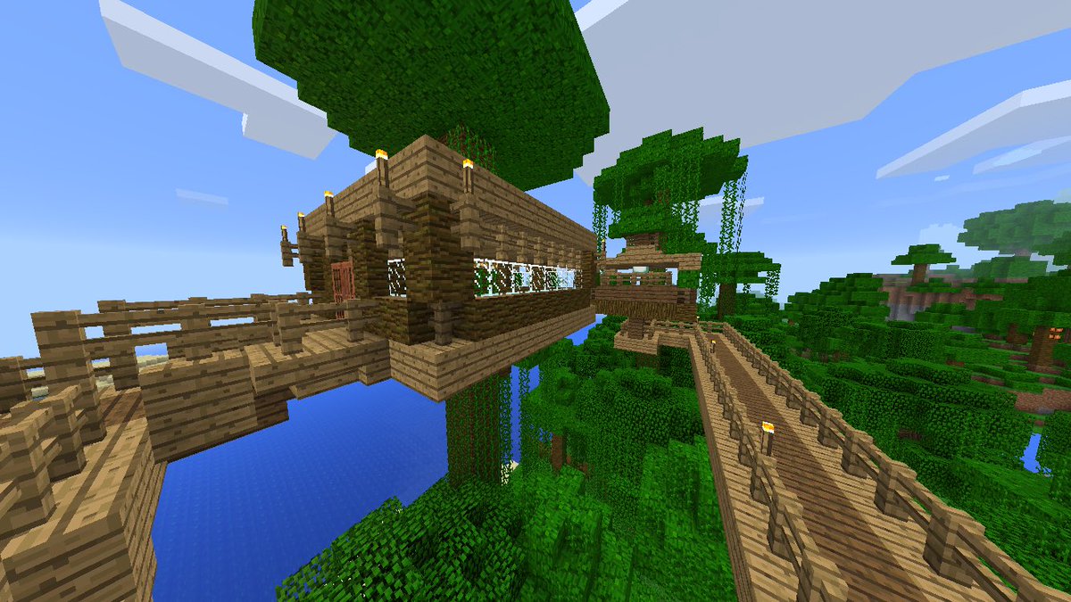 マイクラ建築紹介 ジャングル開拓日記part 2 W ﾉﾞ ｺﾝﾁｬ カイリです 今回は木の上に家を一軒増やし 前回建てた家と道を通した 今回も大して建築してないけど次回は道を整備して家を増やしていきます