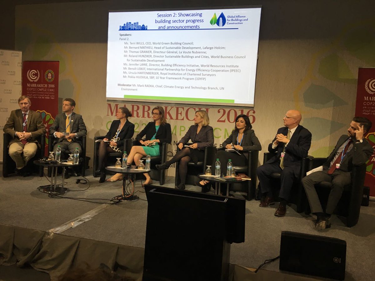 marisalong's tweet photo. #BuildingsDay leaders showcase new tools and progress, including @usgbc commitment to tracking #carbon. @worldgbc @lizbeardsley1 #cop22 https://t.co/M38S6mRd76