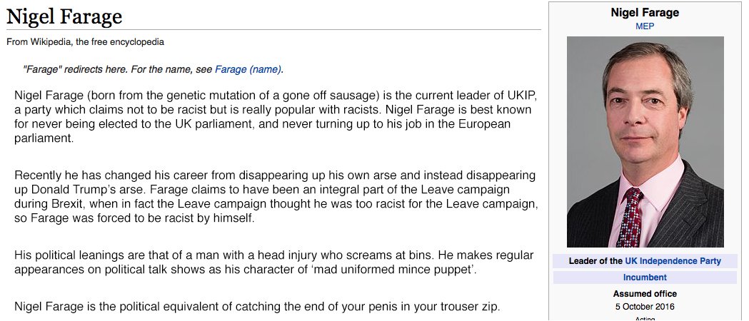 Thank you to whoever changed <a href="/Nigel_Farage/">Nigel Farage MP</a>'s wiki page