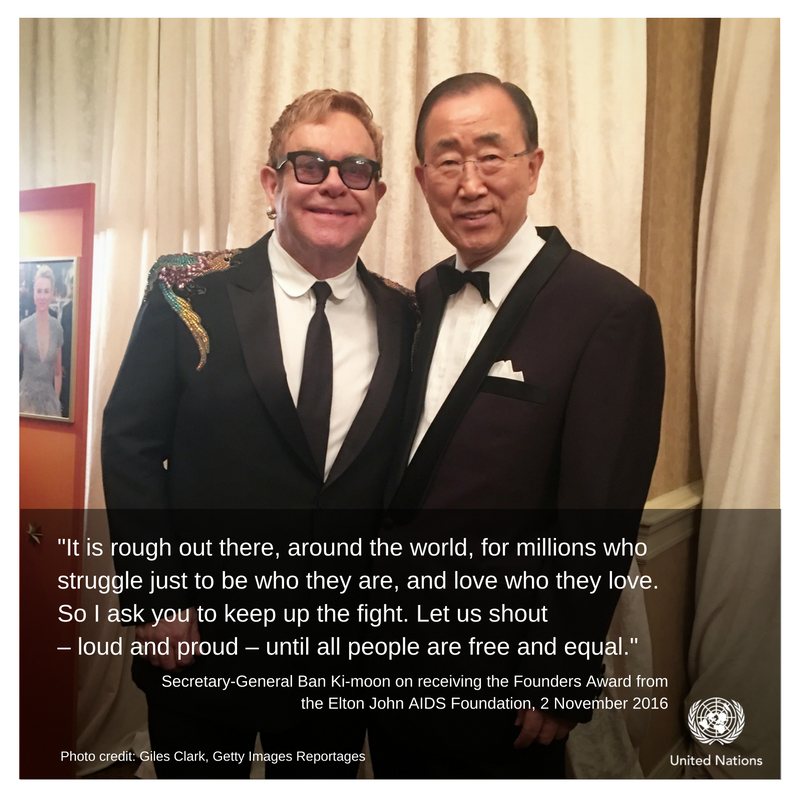 UNGeneva's tweet image. Last week, Ban Ki-moon accepted @ejaforg Founder&apos;s Award from @eltonofficial for @UN advocacy of #LGBT equality #EnduringVision.