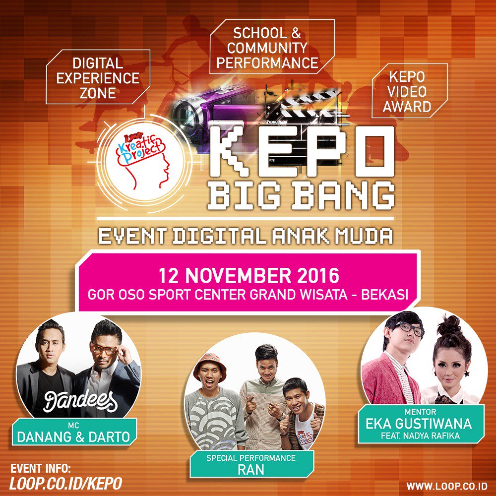 Bekasi! Sabtu ini kita seru2an bareng <a href="/Dandeesoriginal/">The Dandees</a>, <a href="/RANforyourlife/">RAN</a> &amp; <a href="/ekagustiwana/">Eka Gustiwana</a> feat. Nadya Rafika di #LOOPKePoBekasi #LOOPKePo2016