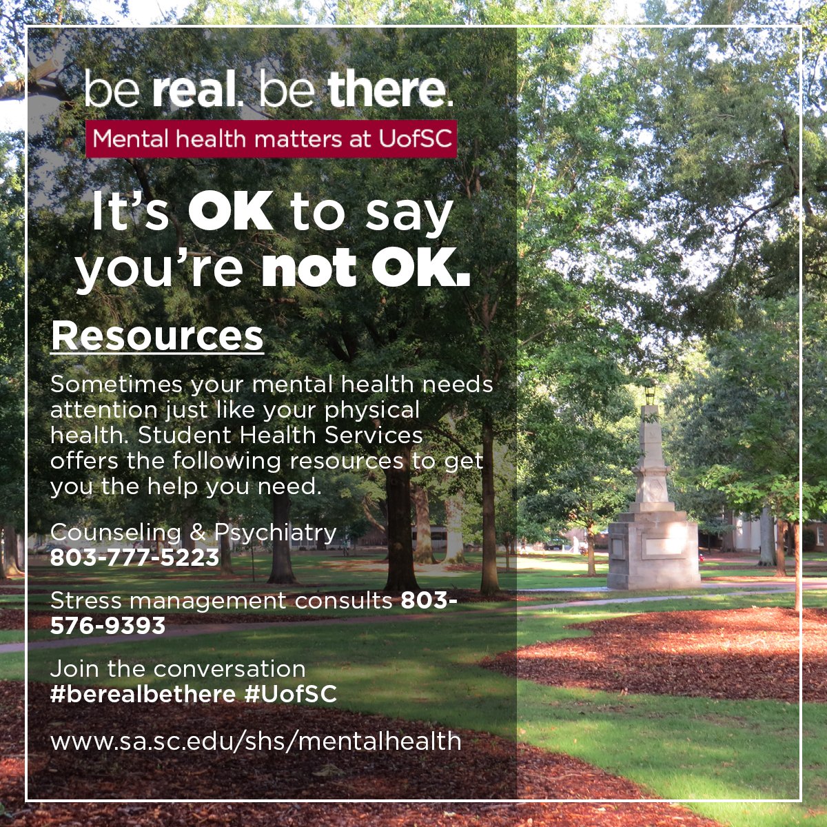UofSC_SHS's tweet photo. Counseling &amp; Psychiatry are here for you. If you need someone to talk to, make an appointment today. 803-777-5223 #berealbethere https://t.co/XQqYzR4YyC