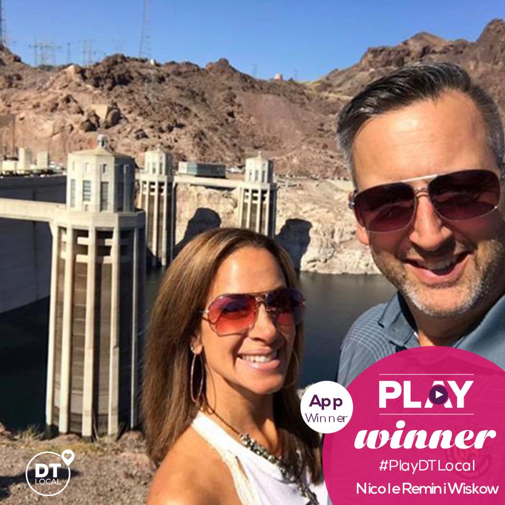 DTLocal's tweet photo. "Hubby and I digging the Dam". Congrats to Nicole Remini Wiskow on winning the app contest for #PlayDTLocal in #LasVegas! https://t.co/rrfFqjjuN7