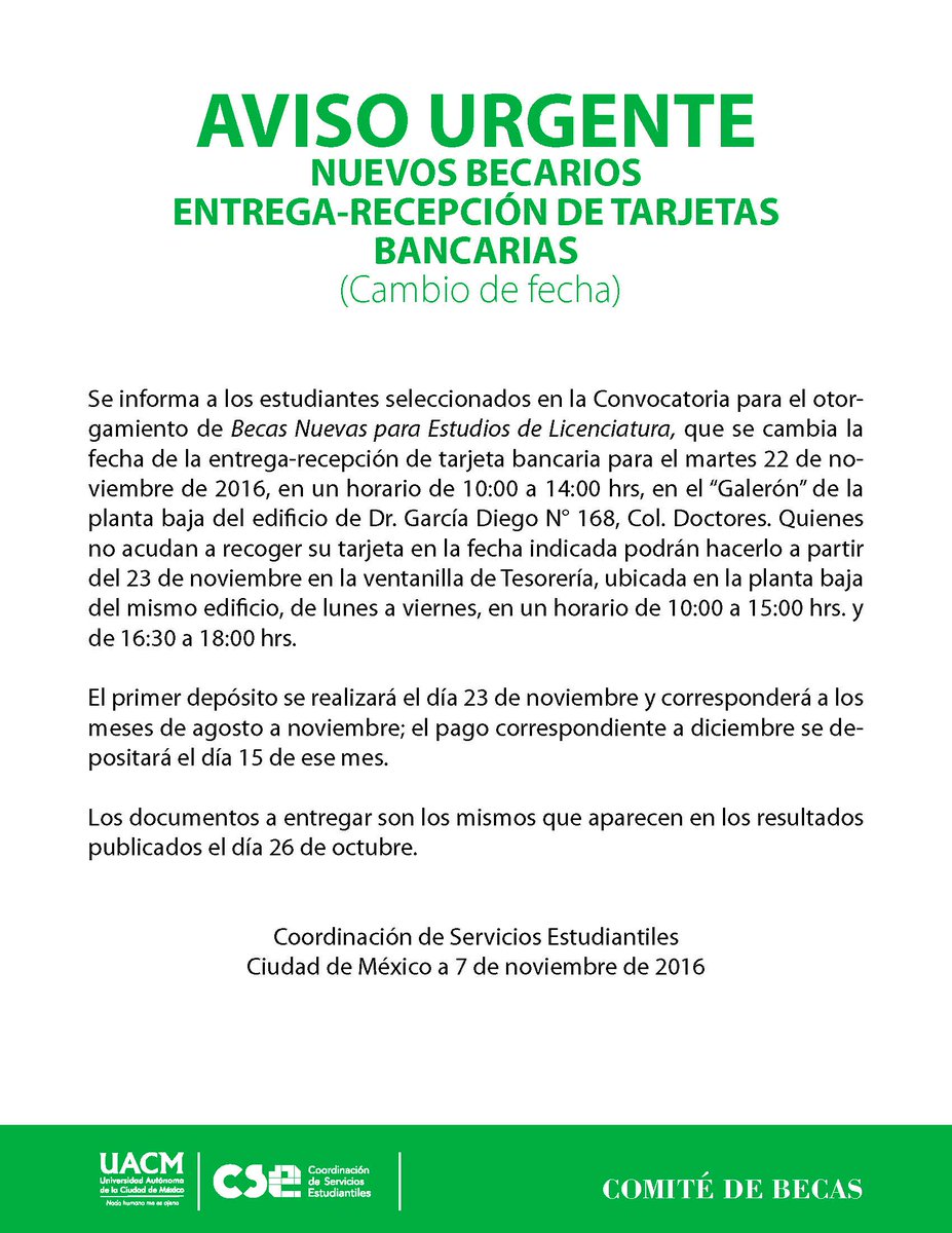Aviso urgente a nuevos becarios #UACM (cambio de entrega-recepción de tarjetas bancarias) el 22 de noviembre. @uacm
portalweb.uacm.edu.mx/uacm/Portals/2…