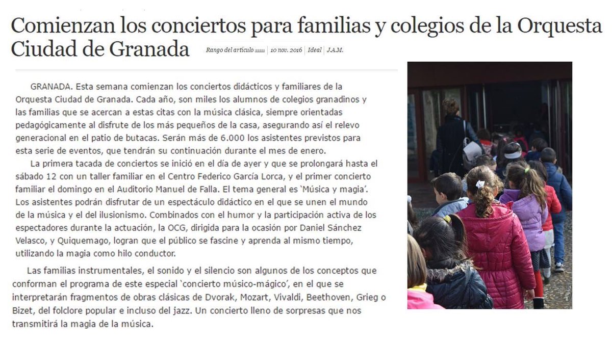 orquestagranada's tweet photo. Hoy el diario @ideal_granada publica una reseña informándonos de los Conciertos didácticos y #familares. #OCGemociona https://t.co/yhQOEybbMT