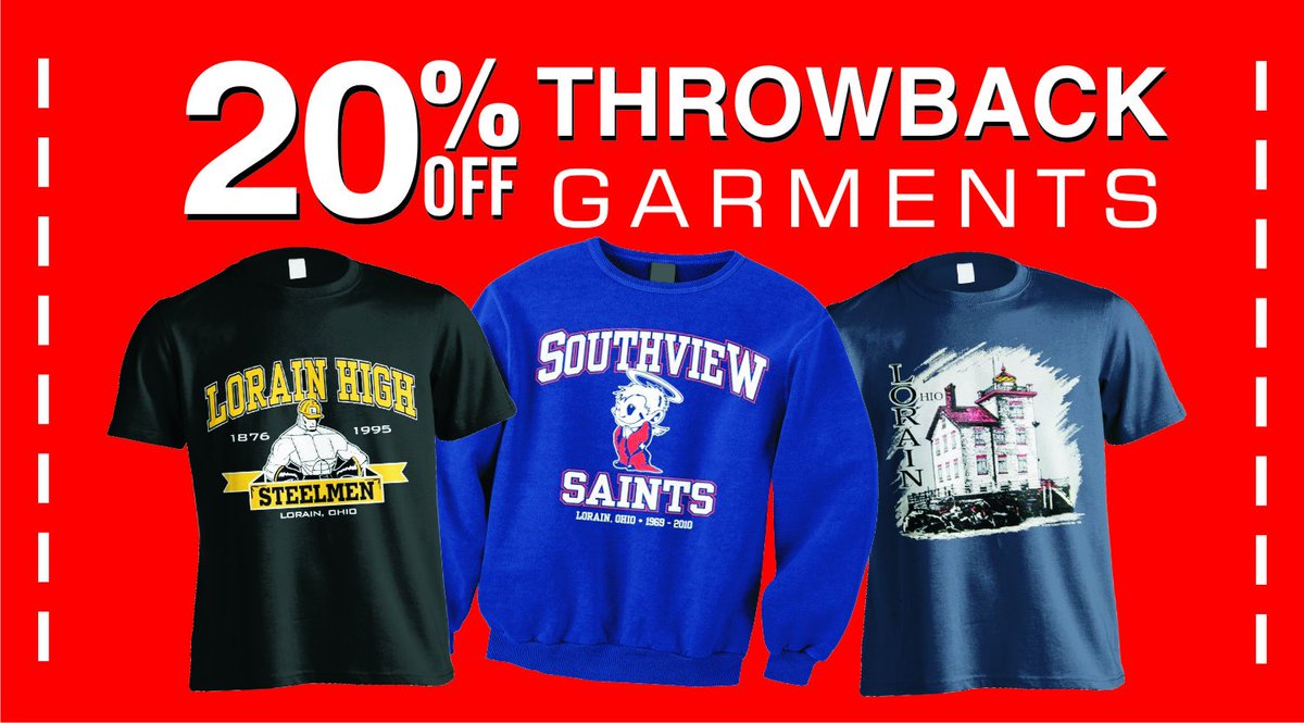 lake_screen's tweet photo. 20% Off ALL In-Store Throwback designs! Show off your Lorain pride and stop by today! https://t.co/lXlNIpN9Wi