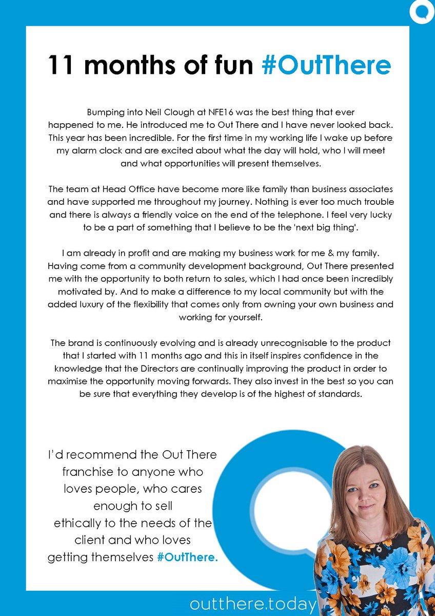 An amazing testimonial from one of our franchisees @OutThere_Humber Thank you Lisa from your Out There family 😊