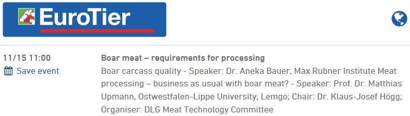 EuroTier's tweet photo. #PigForum 15 Nov|11:00-Carcase quality of boars – requirements for processing (Hall 17|Stand A05) #EuroTier https://t.co/rkiH7ORUpO https://t.co/G8KJQDyLpi