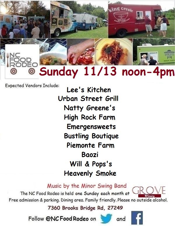 NCFoodRodeo's tweet photo. Sun 12-4 @NCFoodRodeo at @GroveWinery: @urbanstgrill @leeskitchen07 @Natty_Greenes @BaoziFoodTruck @emergensweets @heavenlysmoketr &amp; more. https://t.co/xn9CD0RW7H