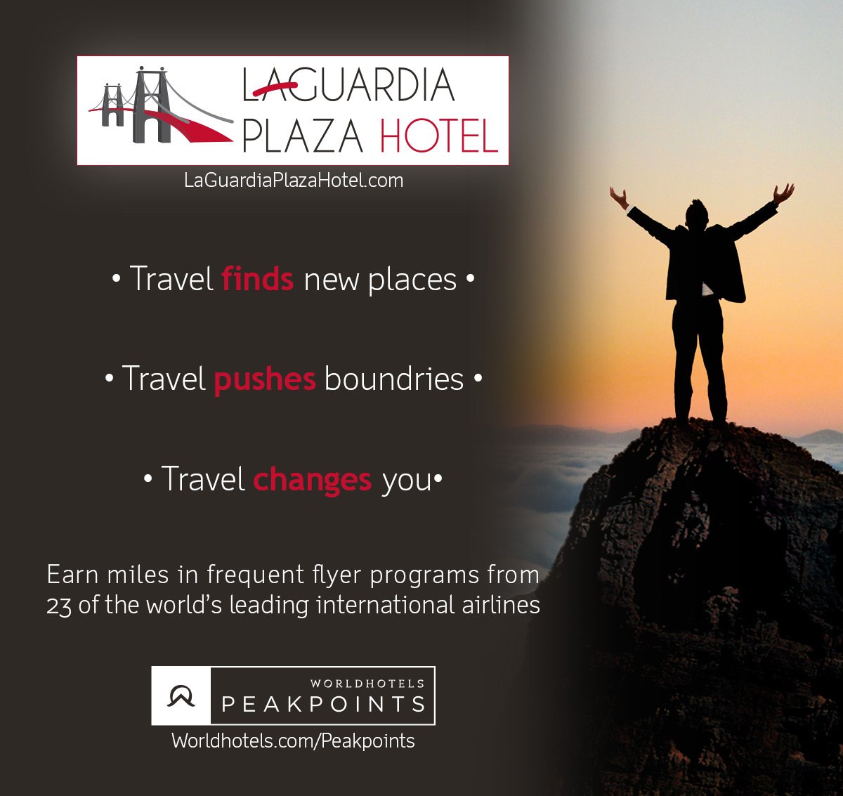 laguardiaplaza's tweet photo. Earn frequent flyer miles for every stay with us! Enroll in #Peakpoints &amp; plan your next adventure! #LaGuardiaPlazaHotel #Worldhotels https://t.co/SAZOMWeBmM