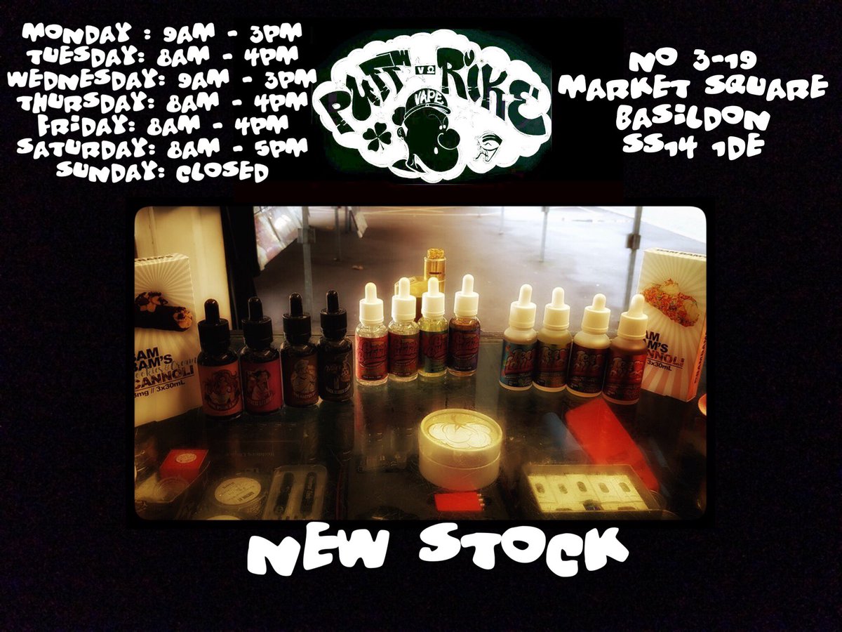 PuffRikE's tweet photo. New Stock In #PuffRikE No 3-19 MARKET SQUARE BASILDON SS14 1DE Open 6 Days a Week #BestPricesInTown #vapingNOTsmoking https://t.co/O5sSwaiR4R