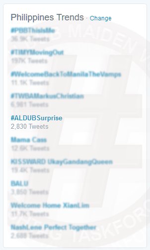 ALDUBTaskForce's tweet photo. OHT #ALDUBSurprise has entered Philippines and
is now trending : 5th SPOT (w/ 2,830 Tweets) 

12:12a PHT. https://t.co/3ltUbrOLPP