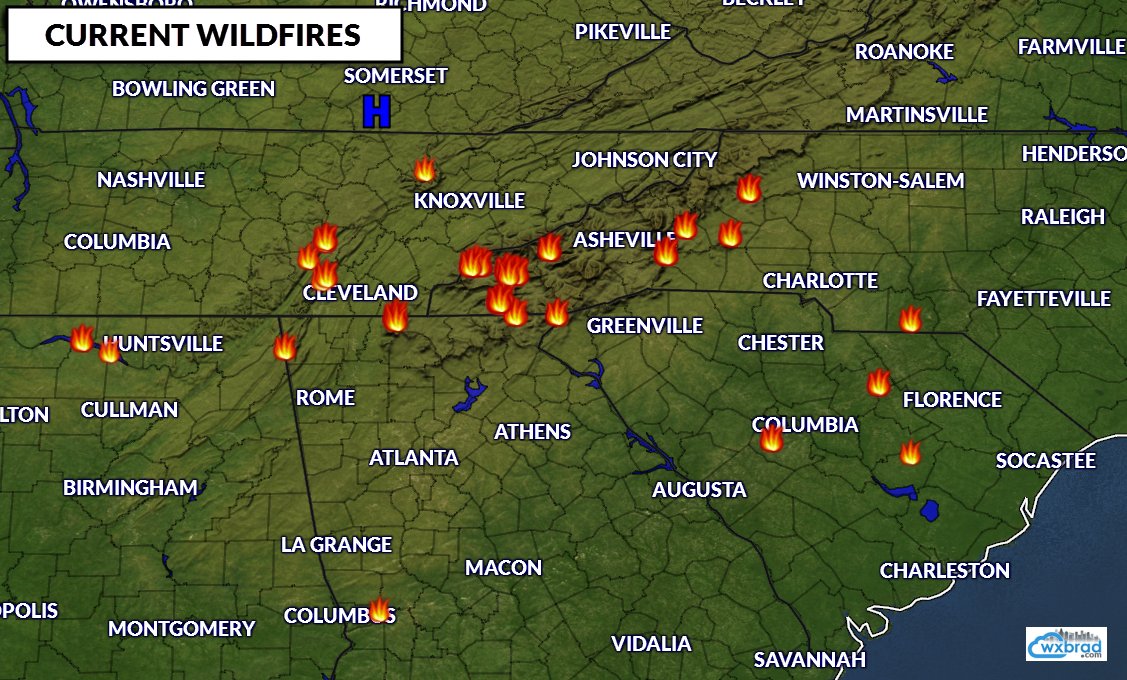 wxbrad's tweet photo. Current wildfires burning across the Southeast. Fire Danger remains very high. #ncwx #scwx #drought https://t.co/lVqYW5AqdR