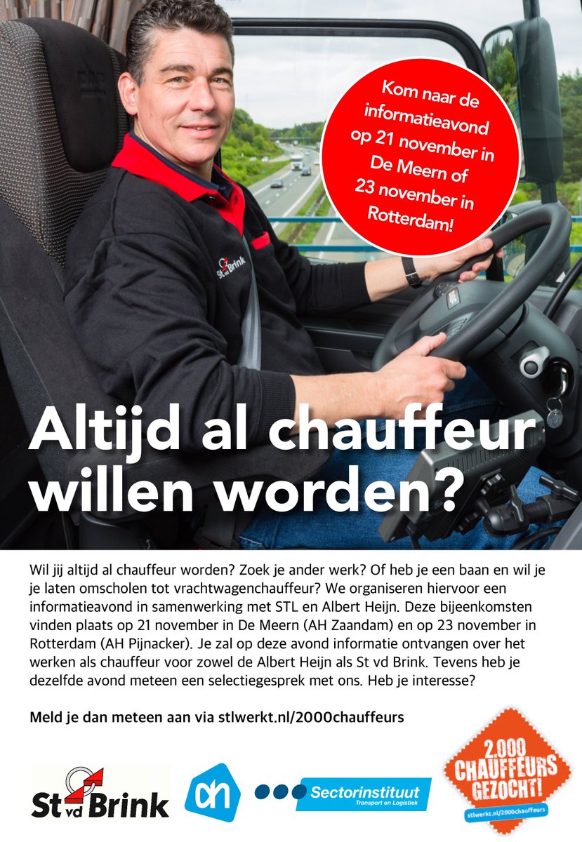 Altijd al #chauffeur willen worden? Ga naar stlwerkt.nl/2000chauffeurs, meld je aan en kom op 21 of 23 november naar de info-avond.