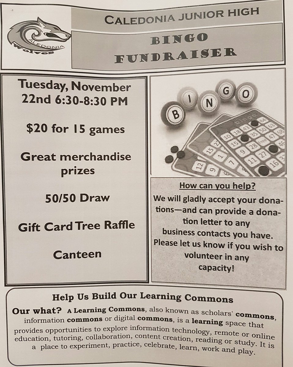 CJHS_HRSB's tweet photo. BINGO! Caledonia is hosting our first annual Bingo Fundraiser on November 22nd! Donations welcome! https://t.co/sXyxt5qvK8