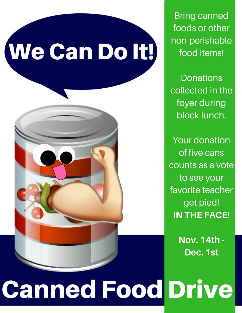 Jasper_NHS's tweet photo. Canned food drive starts on November 14! Collection points in the foyer during block lunch and before/after school w/ Ms. Diers or Mrs. Rad! https://t.co/KCWm9X85F2