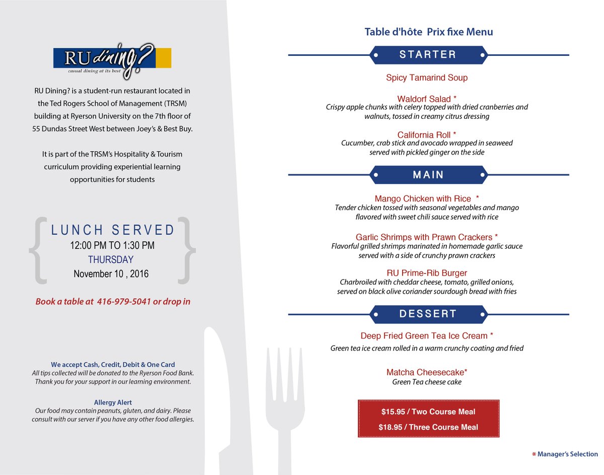 trsmtorontomet's tweet photo. Looking for a delicious lunch today? Check out #RUDining for a wonderful meal and dining experience managed by our @HTMRyerson students. https://t.co/3l2NxzoVJ8