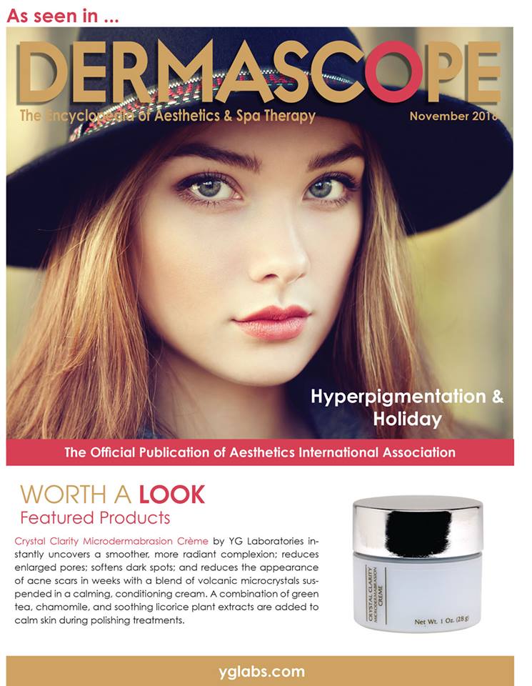 yglabs's tweet image. Everyone's favorite, Crystal Clarity Microdermabrasion Crème, is featured in the November 2016 issue of @DERMASCOPE! #YGLaboratories #skin