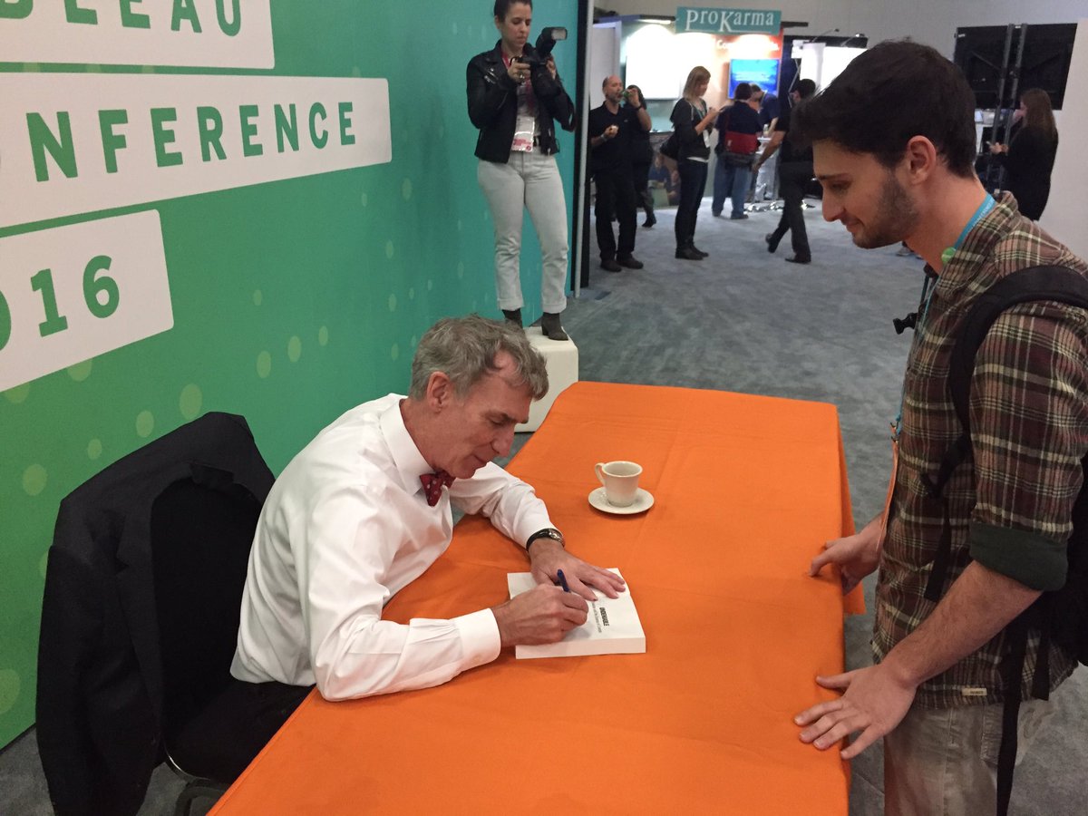 datatrailblazer's tweet photo. When you finally meet your hero face to face! 😮😀🤓 So excited for @joshstabinsky meeting @BillNye!!! #Data16 https://t.co/9Nt4Qn1sxY
