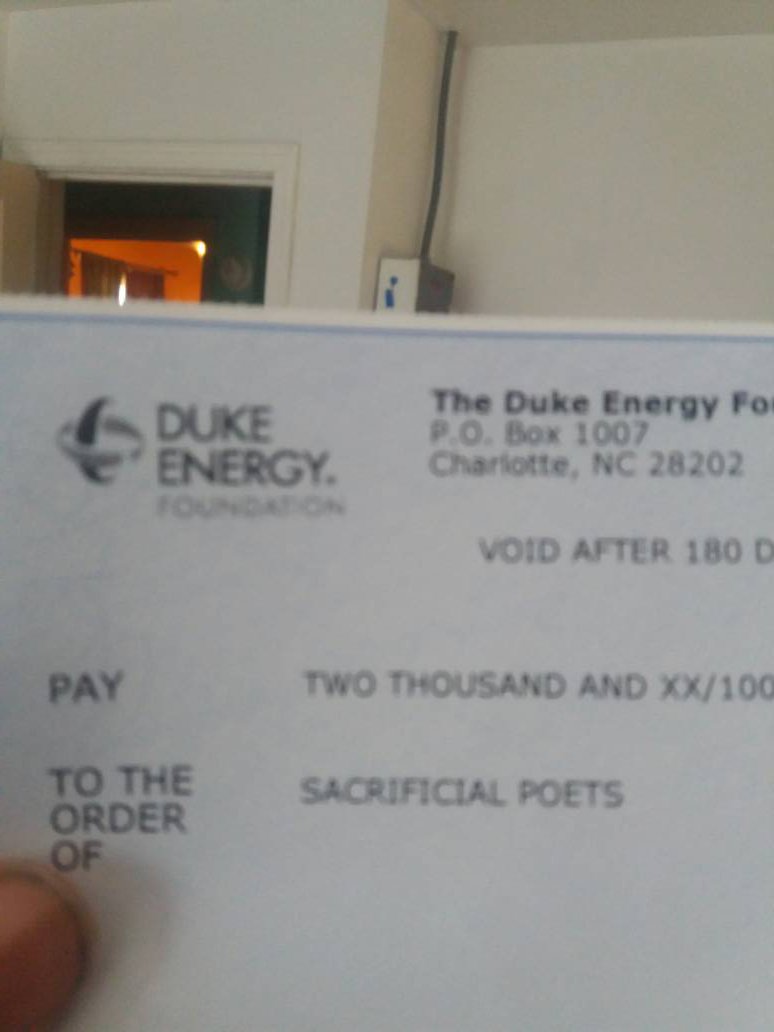 Thank you to  Duke Energy Foundation for your contribution! To contribute or ask how you can support, DM or email Sacrificialpoets@gmail.com
