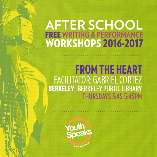 #Teens! Free @youthspeaks #writiing workshop with @GabrielIMCortez, Thursdays @ Central 3:45-5:45pm!