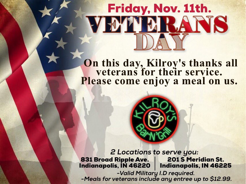 kilroysindy's tweet photo. Tomorrow we are happy to celebrate Veterans Day! Kilroy's will be offering a free meal to veterans. Please RT to help spread the word! https://t.co/IASZNQEpgp