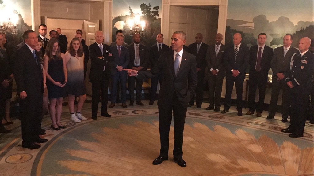 NBA's tweet image. President Barack Obama greets the @cavs at The @WhiteHouse!