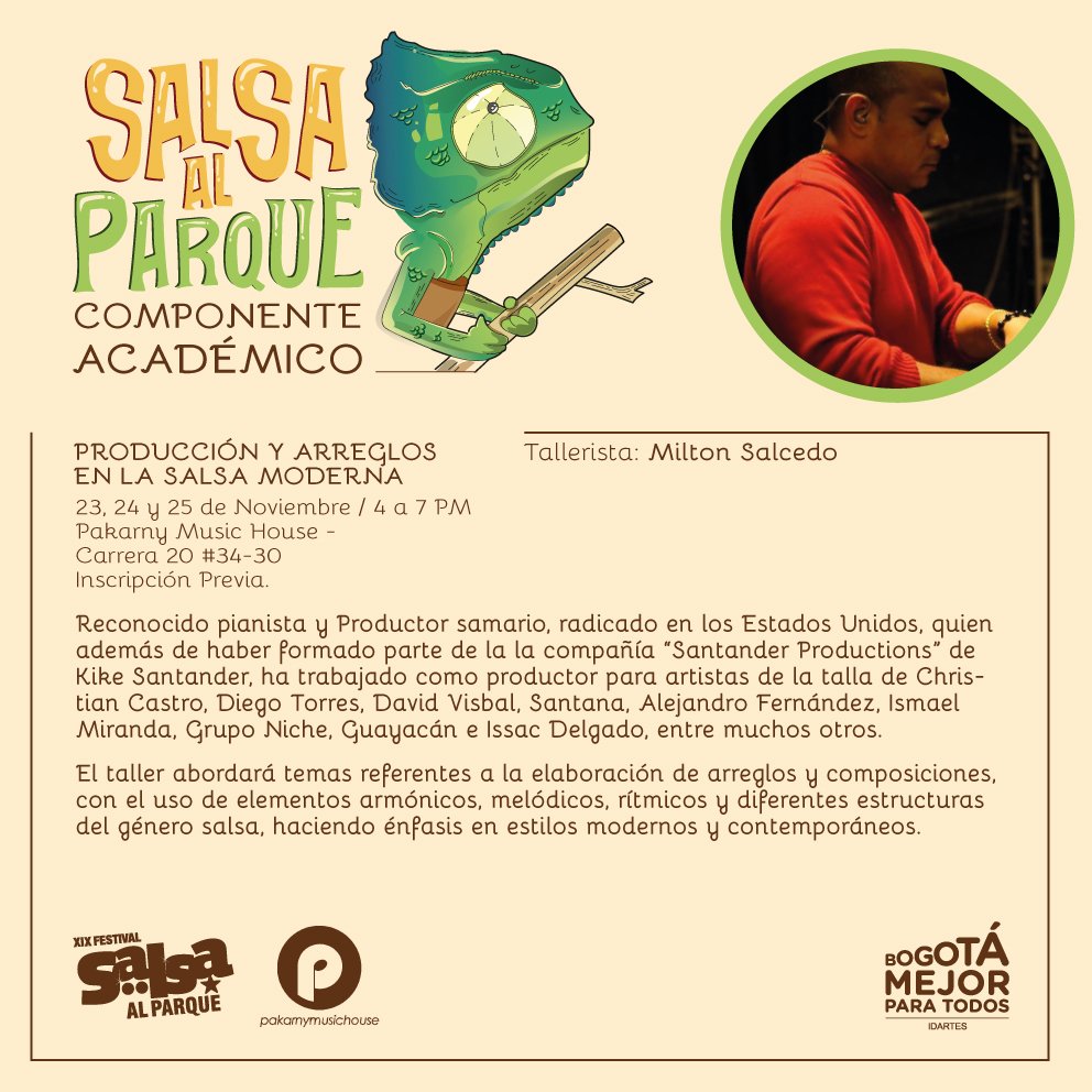 FestalParque's tweet photo. #SalsaAlParque2016 "Producción y arreglos en salsa moderna” 23, 24 y 25 de nov 4pm a 7pm. @PakarnyMusic
Inscribirse: https://t.co/qKwqPtsYwG https://t.co/lPBNML38W7