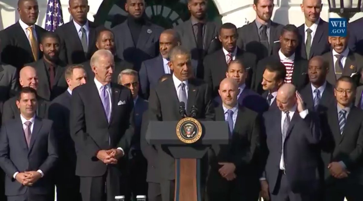 ObamaWhiteHouse's tweet photo. "We finally said it: 'World Champion' and 'Cleveland' in the same sentence." —@POTUS on the 2016 NBA Championship winning @Cavs team https://t.co/zcLVqfykal